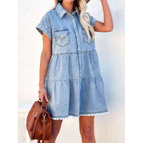 'Serilda' Short Sleeve Denim Dress - Celes Fashion